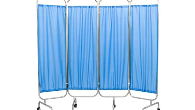 Four-panel folding ward screen with blue curtains on wheels